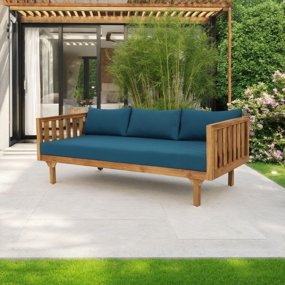 Clara Outdoor 3 Seater Daybed Sofa, Slatted Teak Wood, Blue Fabric -BM337076