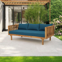 Clara Outdoor 3 Seater Daybed Sofa, Slatted Teak Wood, Blue Fabric -BM337076