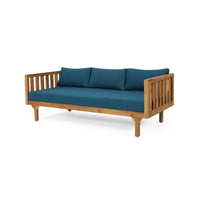 Clara Outdoor 3 Seater Daybed Sofa, Slatted Teak Wood, Blue Fabric -BM337076