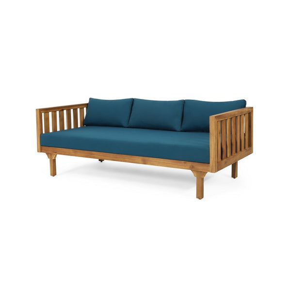 Clara Outdoor 3 Seater Daybed Sofa, Slatted Teak Wood, Blue Fabric -BM337076