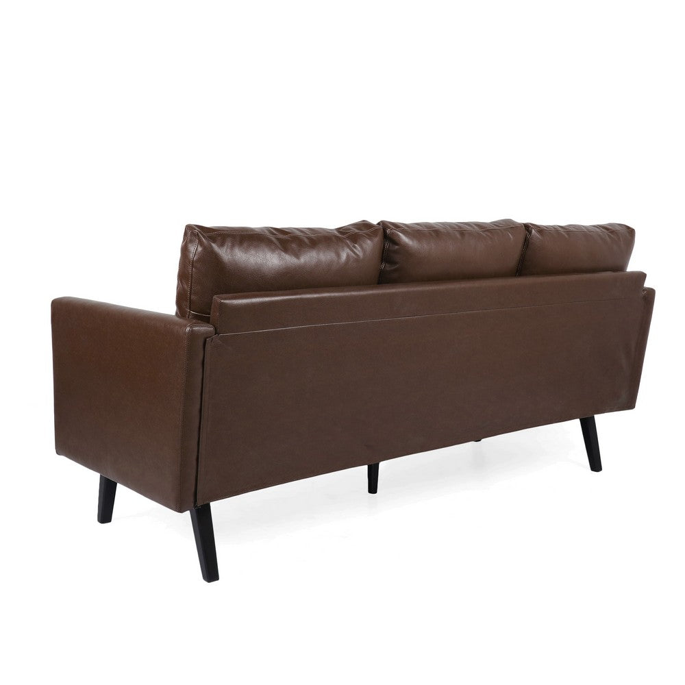 Dorie 3 Seater Sofa, Birch Wood Legs, Dark Brown Faux Leather 74 Inch -BM337077