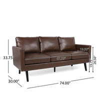 Dorie 3 Seater Sofa, Birch Wood Legs, Dark Brown Faux Leather 74 Inch -BM337077