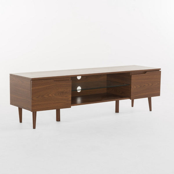 Gavin 59 Inch TV Stand Cabinet, Low Height w Glass Shelf, Brown Wood -BM337081