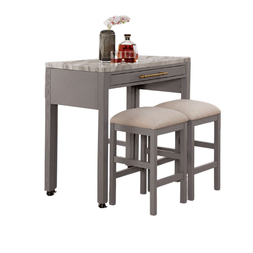 Helly 3pc Counter Height Table and 2 Stool Set, Gray Faux Marble Top - BM337256