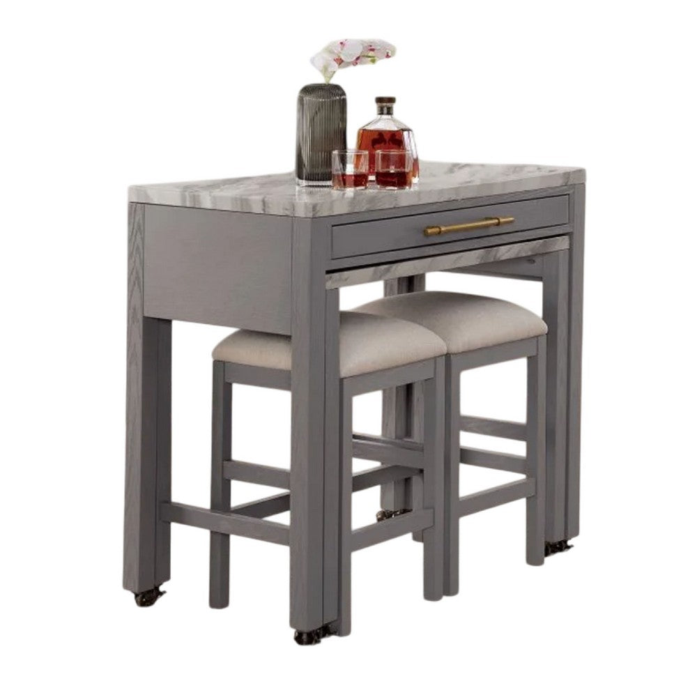 Helly 3pc Counter Height Table and 2 Stool Set, Gray Faux Marble Top - BM337256