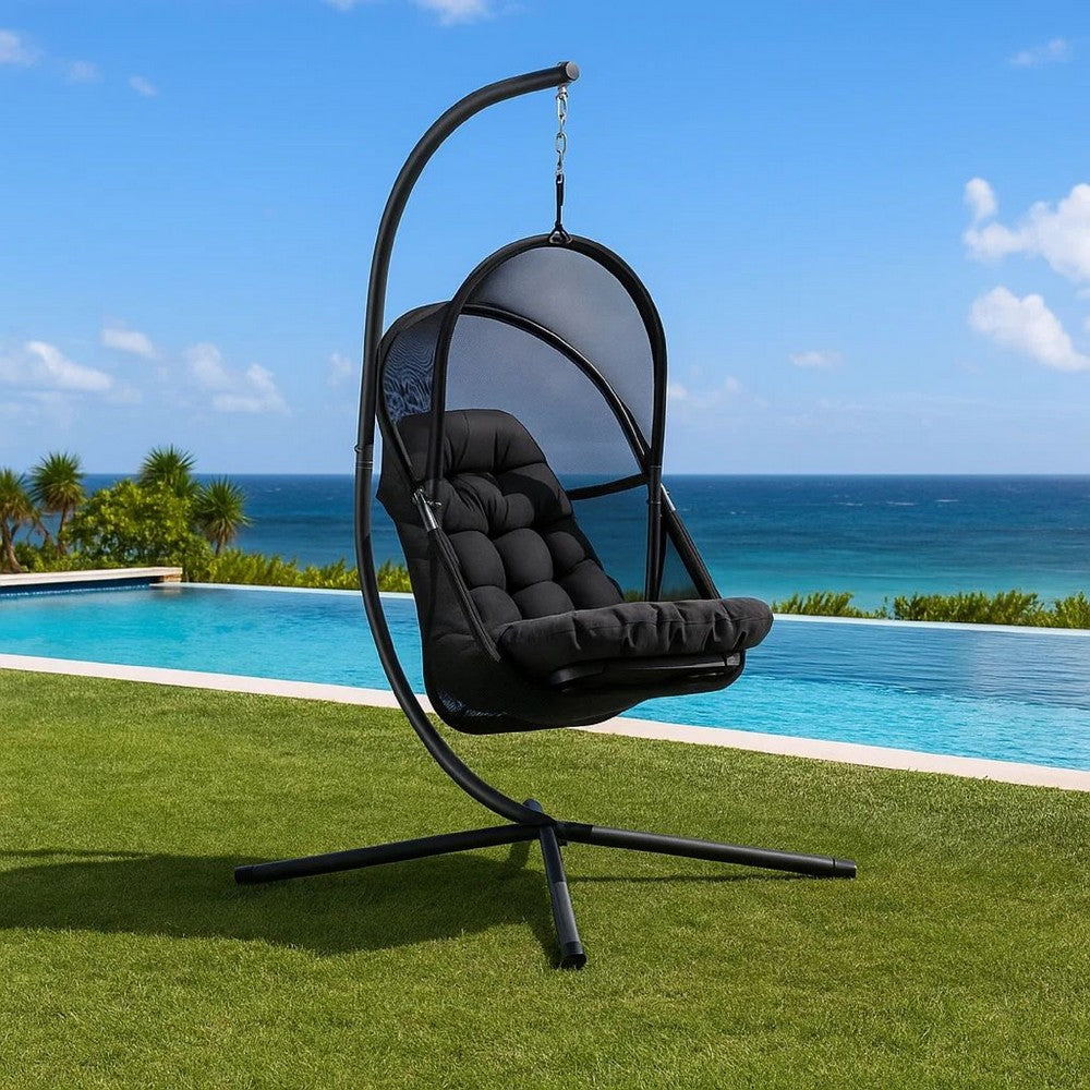 Bery Outdoor Swing Chair with Foldable Stand, Coastal Black Cushion - BM337258