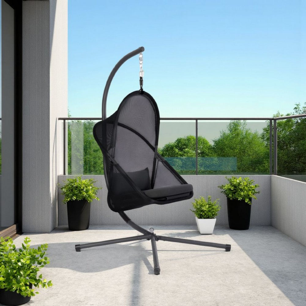 Cery Outdoor Egg Swing Chair, Foldable Stand, Coastal Black Cushion - BM337261