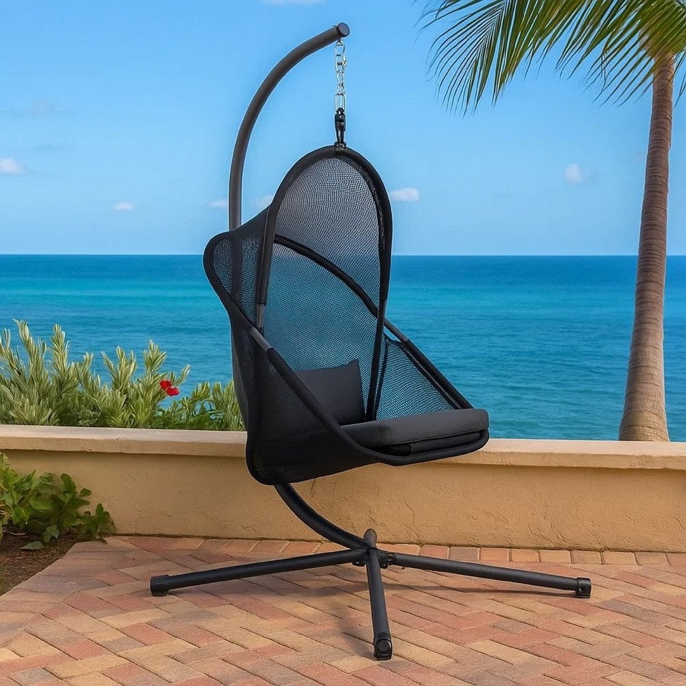 Cery Outdoor Egg Swing Chair, Foldable Stand, Coastal Black Cushion - BM337261
