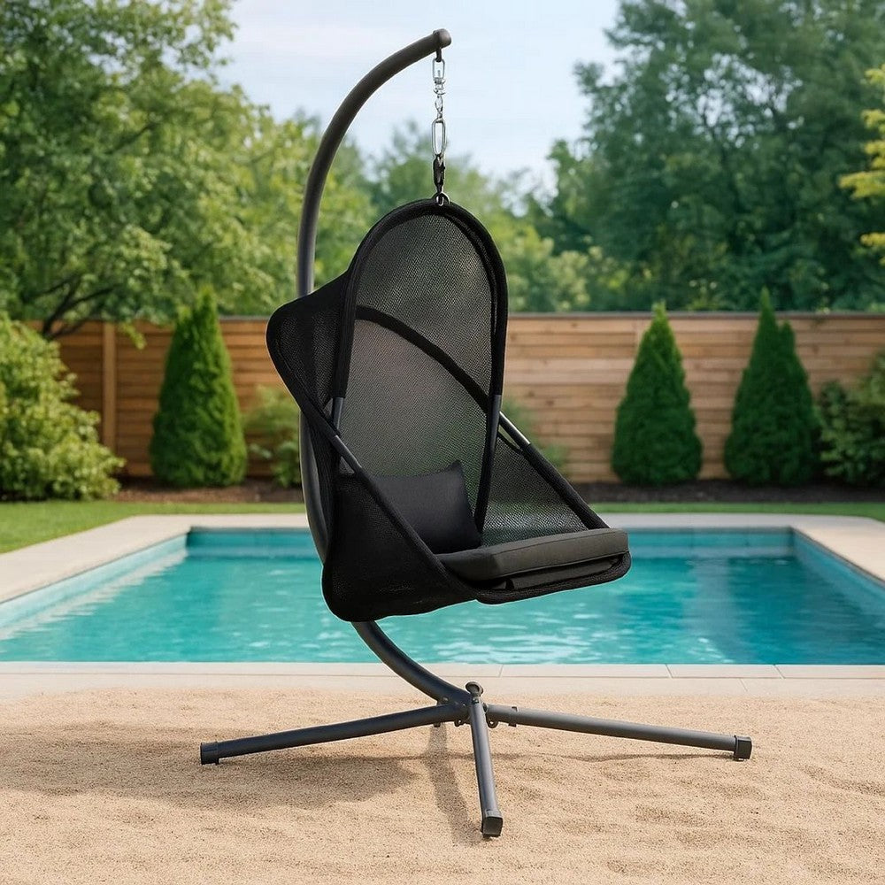 Cery Outdoor Egg Swing Chair, Foldable Stand, Coastal Black Cushion - BM337261