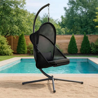 Cery Outdoor Egg Swing Chair, Foldable Stand, Coastal Black Cushion - BM337261