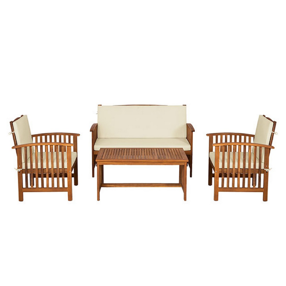 Kaila 4pc Patio Sofa, Chair and Coffee Table Set, Beige Cushions, Brown Wood - BM337264