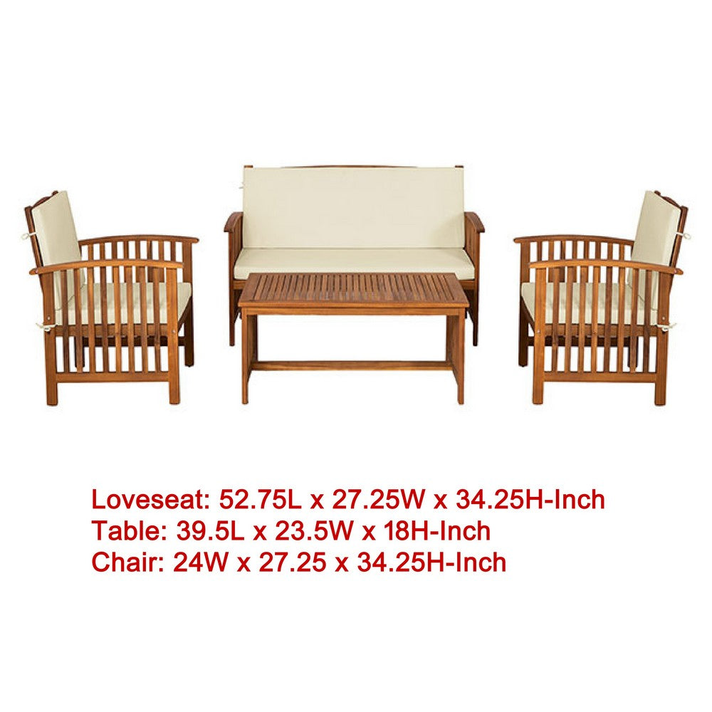 Kaila 4pc Patio Sofa, Chair and Coffee Table Set, Beige Cushions, Brown Wood - BM337264