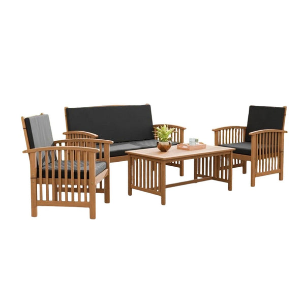 Kaila 4pc Patio Sofa, Chair and Coffee Table Set, Black Cushions, Brown Wood - BM337265