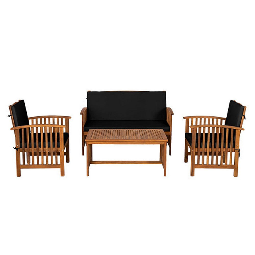 Kaila 4pc Patio Sofa, Chair and Coffee Table Set, Black Cushions, Brown Wood - BM337265