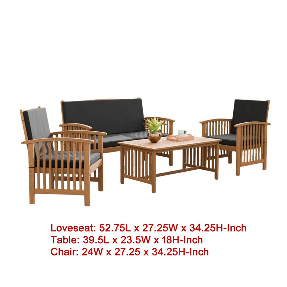 Kaila 4pc Patio Sofa, Chair and Coffee Table Set, Black Cushions, Brown Wood - BM337265