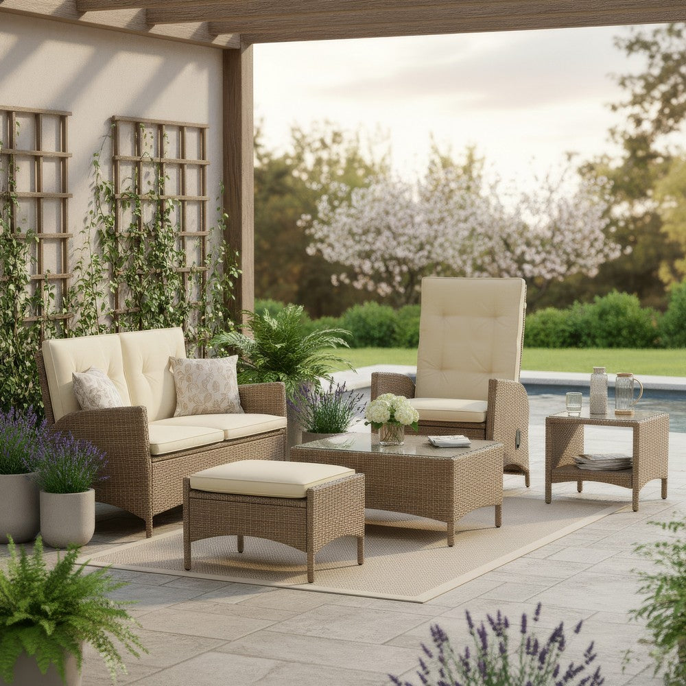 Ankia 4pc Outdoor Reclining Chair and Ottoman Set, Beige Brown Woven - BM337266