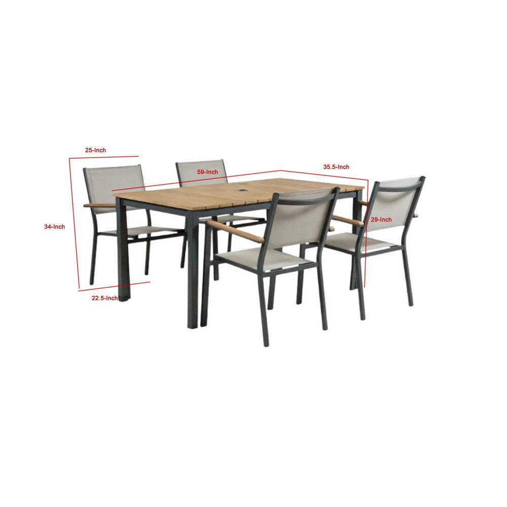 Ankia 5pc Outdoor Dining Table and Chairs Set, Gray, Natural Teak Brown - BM337267