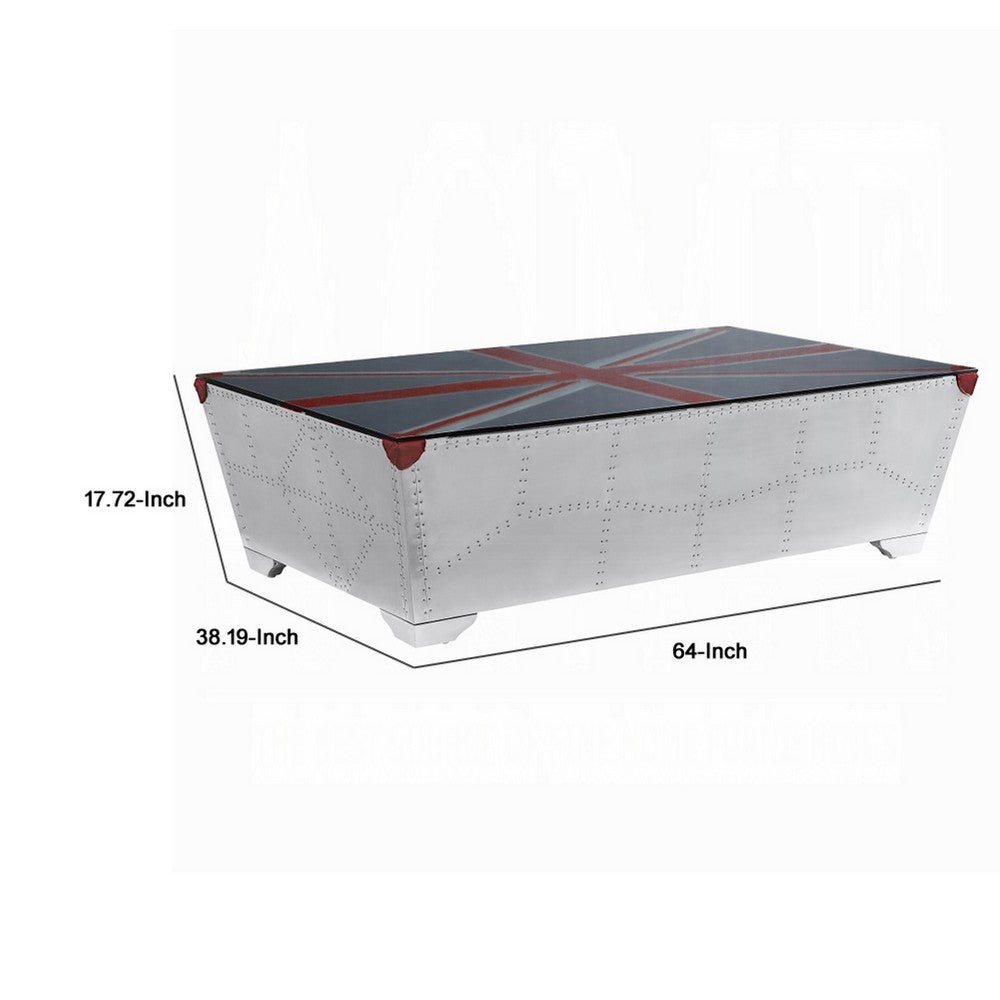 Bran Coffee Table, 64 Inch Tempered Glass Top, Riveted Aluminium Frame - BM337305