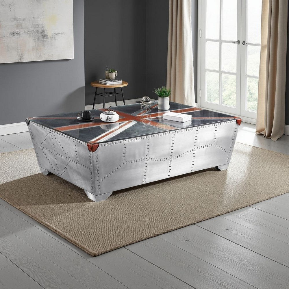 Bran Coffee Table, 64 Inch Tempered Glass Top, Riveted Aluminium Frame - BM337305