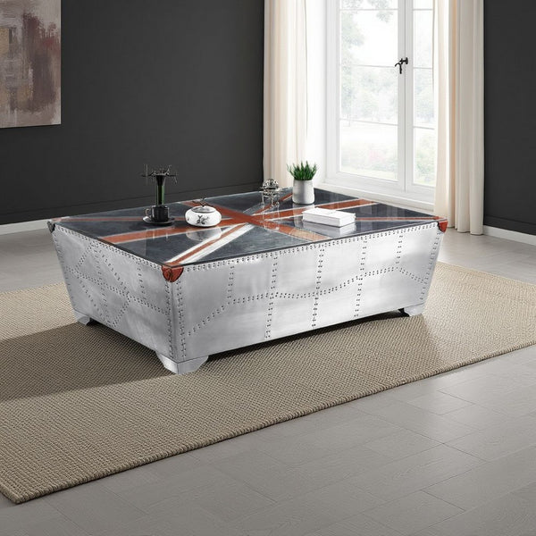 Bran Coffee Table, 64 Inch Tempered Glass Top, Riveted Aluminium Frame - BM337305