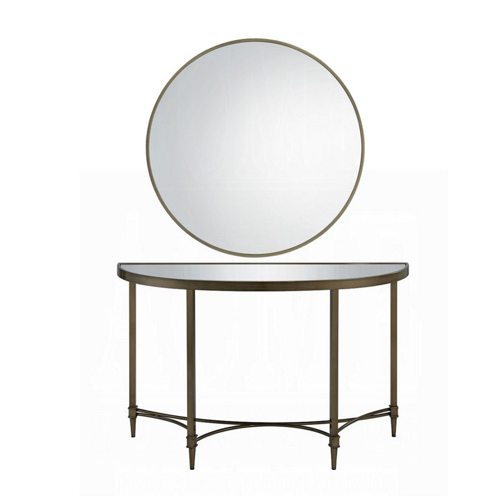 Dity Console Table with Mirror, 47 Inch Half Moon Mirrored Top, Antique Gold Brass - BM337307