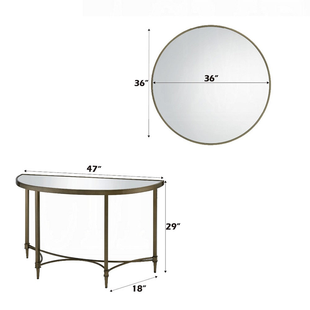 Dity Console Table with Mirror, 47 Inch Half Moon Mirrored Top, Antique Gold Brass - BM337307