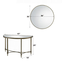 Dity Console Table with Mirror, 47 Inch Half Moon Mirrored Top, Antique Gold Brass - BM337307