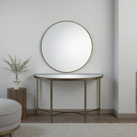 Dity Console Table with Mirror, 47 Inch Half Moon Mirrored Top, Antique Gold Brass - BM337307