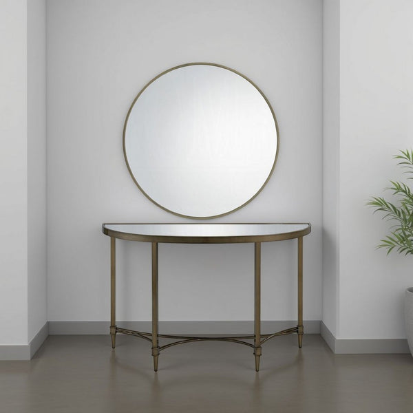 Dity Console Table with Mirror, 47 Inch Half Moon Mirrored Top, Antique Gold Brass - BM337307