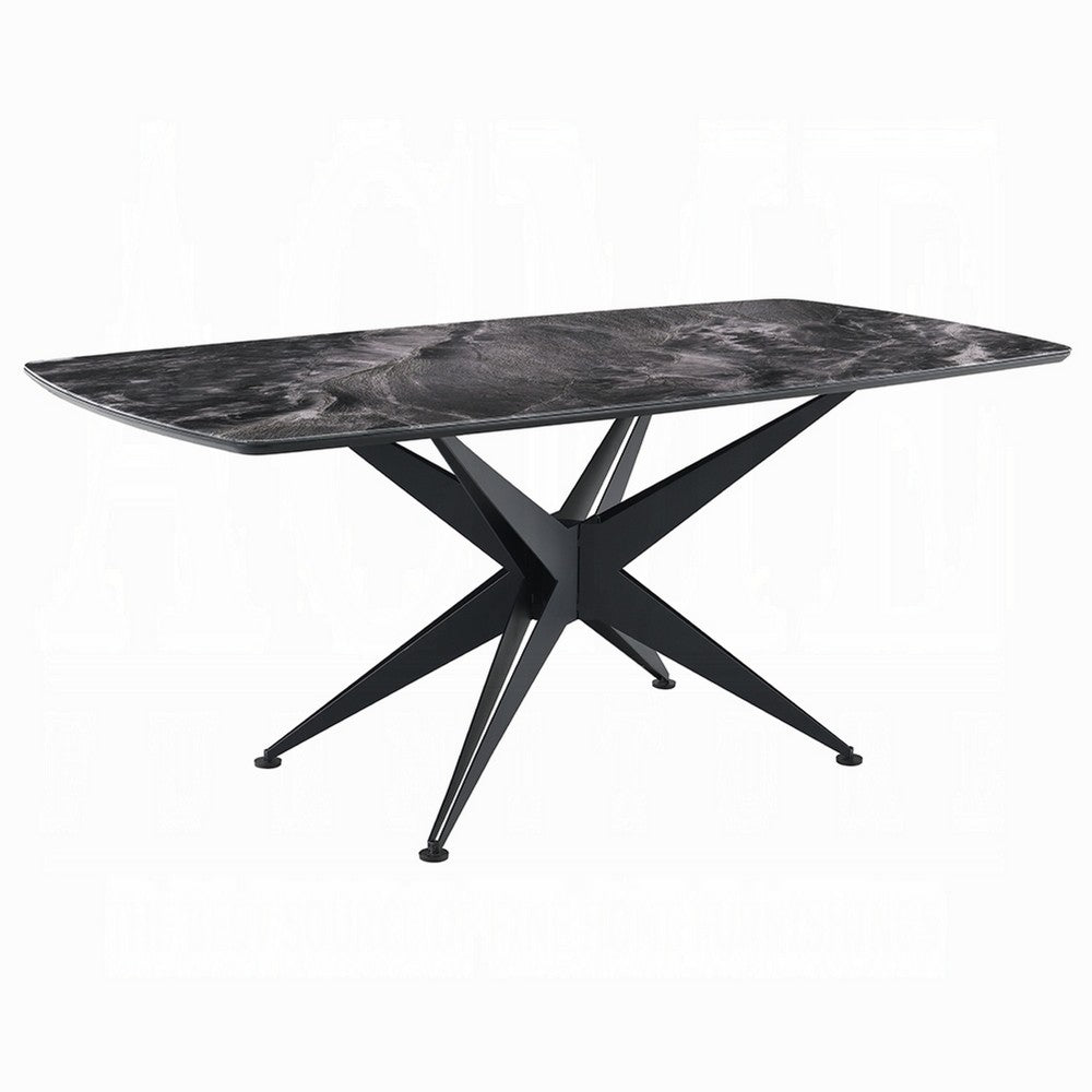 Laus Dining Table, 71 Inch Crystal Glass Top, Black Geometric Base  - BM337308