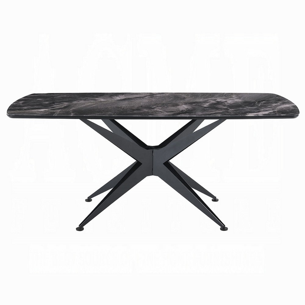 Laus Dining Table, 71 Inch Crystal Glass Top, Black Geometric Base  - BM337308