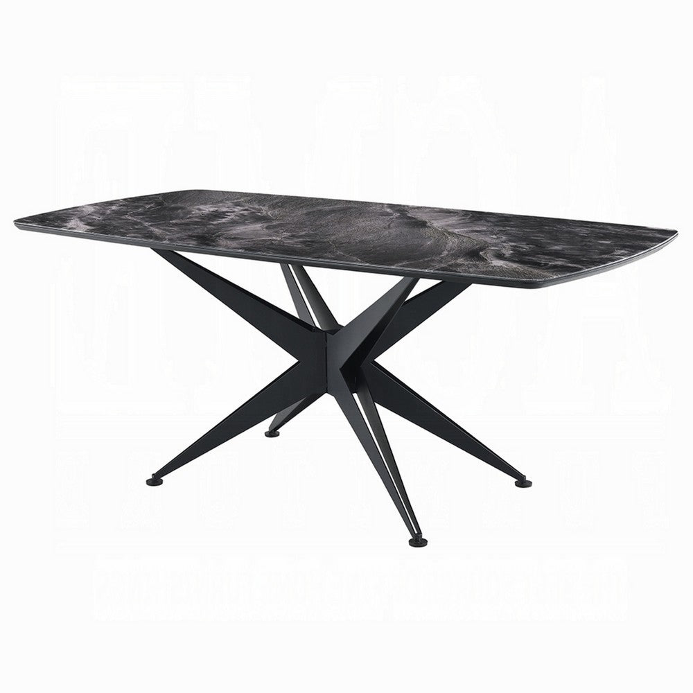 Laus Dining Table, 71 Inch Crystal Glass Top, Black Geometric Base  - BM337308