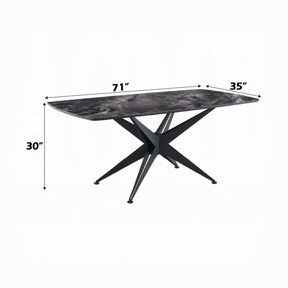 Laus Dining Table, 71 Inch Crystal Glass Top, Black Geometric Base  - BM337308