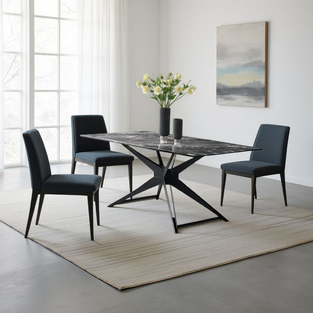 Laus Dining Table, 71 Inch Crystal Glass Top, Black Geometric Base  - BM337308