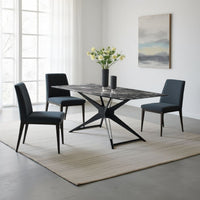 Laus Dining Table, 71 Inch Crystal Glass Top, Black Geometric Base  - BM337308