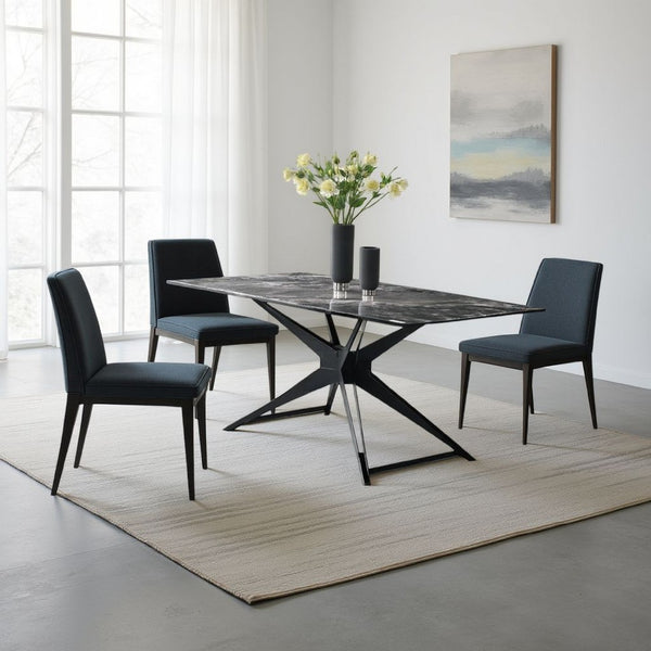 Laus Dining Table, 71 Inch Crystal Glass Top, Black Geometric Base  - BM337308