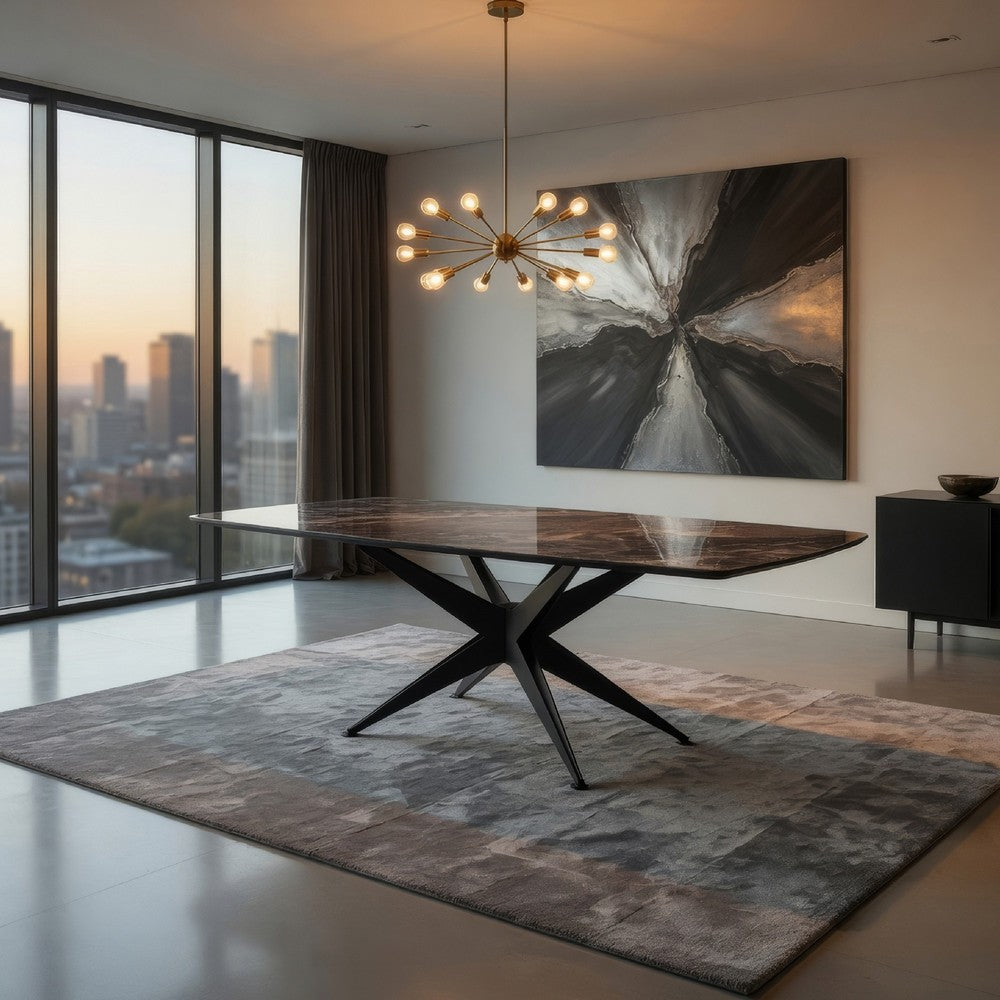 Laus Dining Table, 71 Inch Crystal Glass Top, Black Geometric Base  - BM337308