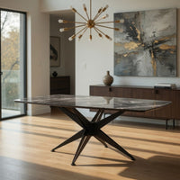 Laus Dining Table, 71 Inch Crystal Glass Top, Black Geometric Base  - BM337308