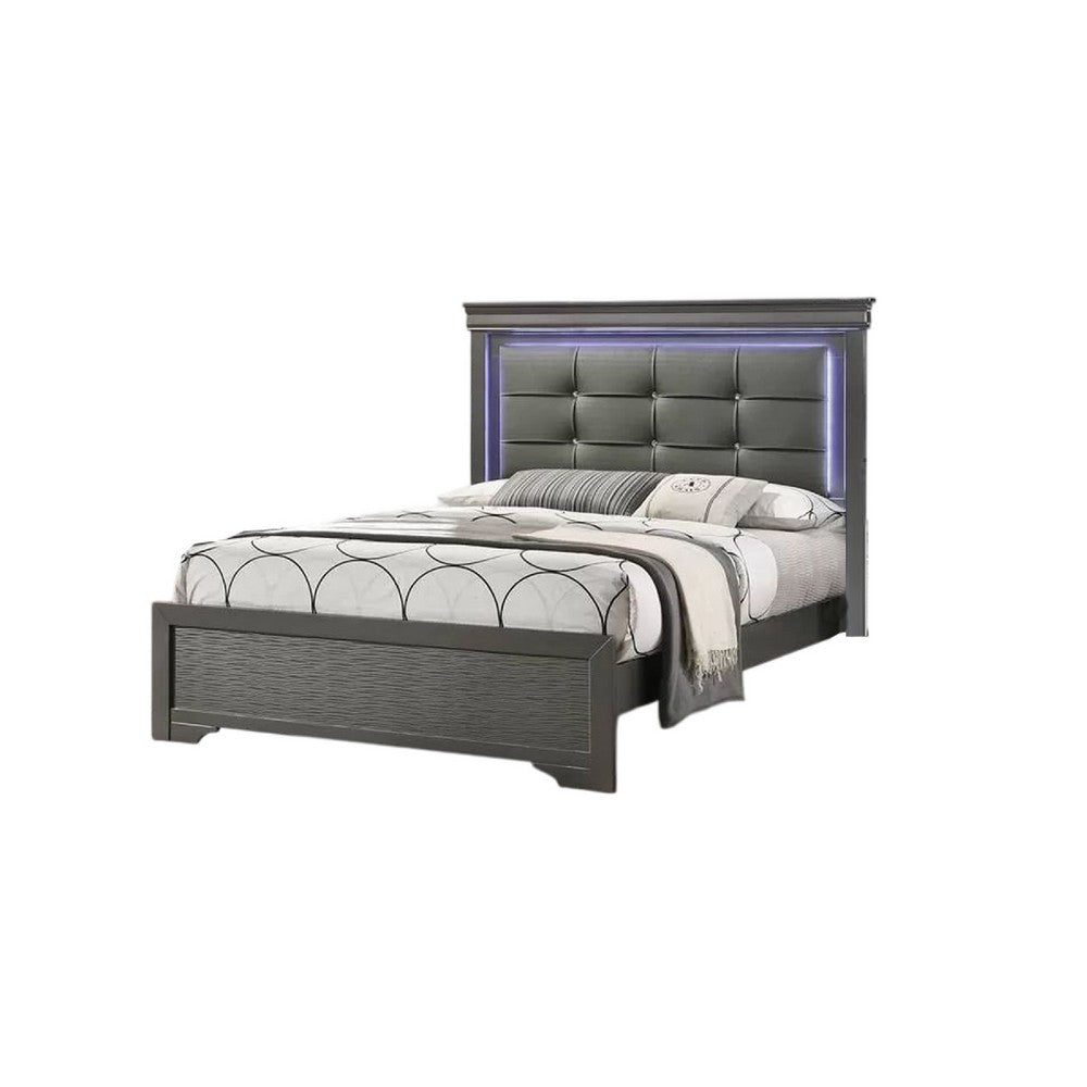 Grin Queen Size Bed, Dark Gray Faux Leather Upholstery, LED Headboard - BM337314