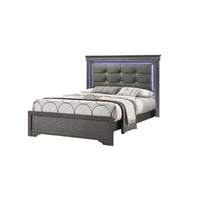 Grin Queen Size Bed, Dark Gray Faux Leather Upholstery, LED Headboard - BM337314