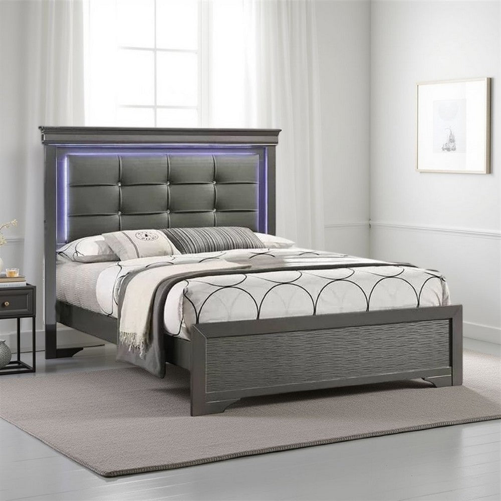 Grin Queen Size Bed, Dark Gray Faux Leather Upholstery, LED Headboard - BM337314
