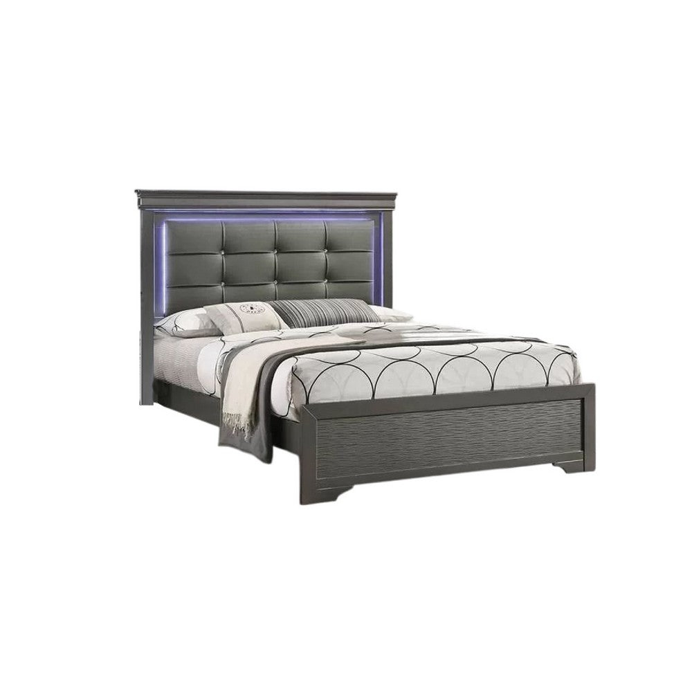Grin Queen Size Bed, LED Headboard, Gray Faux Leather Upholstery - BM337316