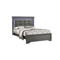 Grin Queen Size Bed, LED Headboard, Gray Faux Leather Upholstery - BM337316