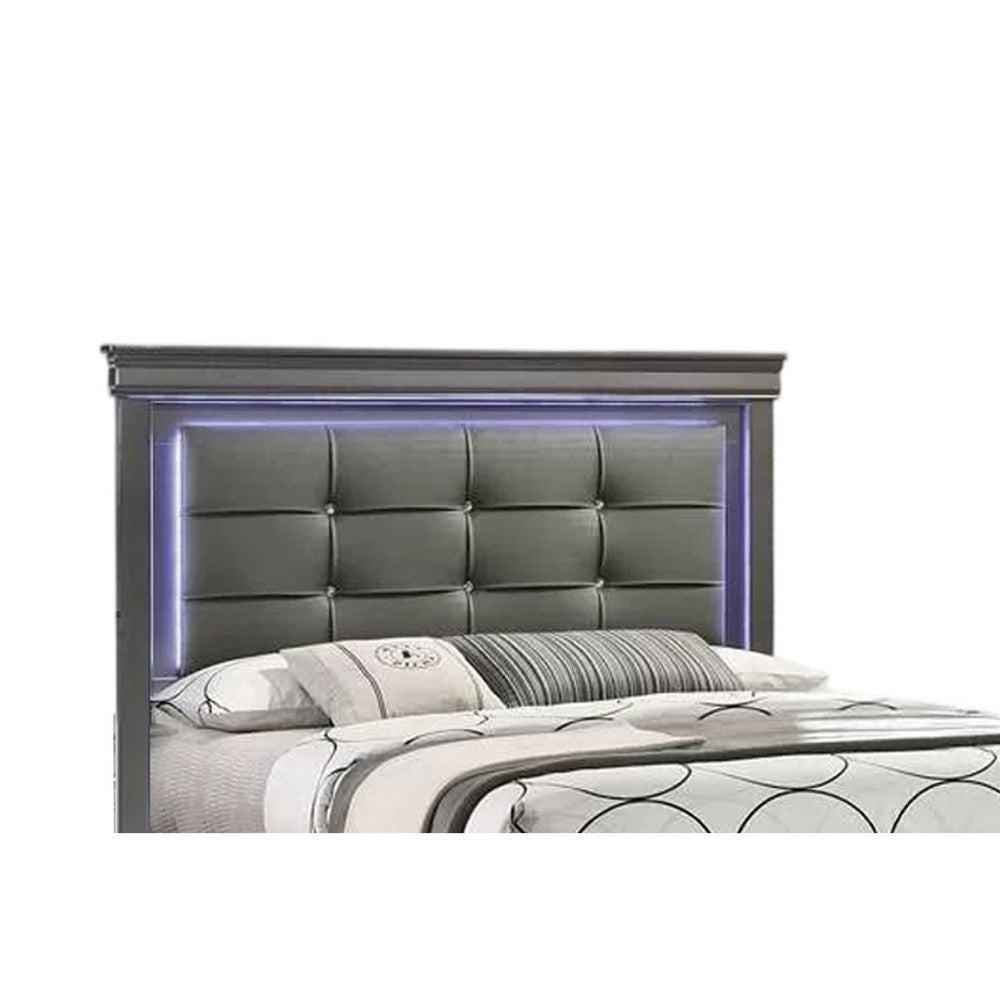 Grin Queen Size Bed, LED Headboard, Gray Faux Leather Upholstery - BM337316