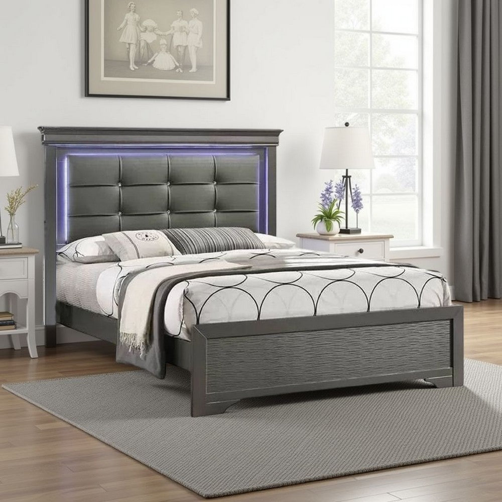 Grin Queen Size Bed, LED Headboard, Gray Faux Leather Upholstery - BM337316
