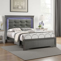 Grin Queen Size Bed, LED Headboard, Gray Faux Leather Upholstery - BM337316
