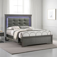 Grin Queen Size Bed, LED Headboard, Gray Faux Leather Upholstery - BM337316