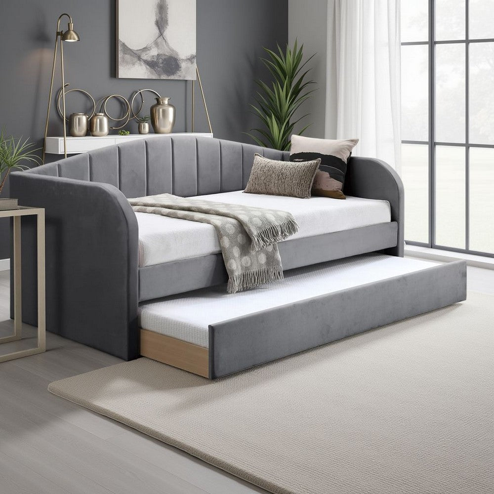 Keo Daybed with Pull Out Trundle, Channel Tufted Modern Gray Velvet - BM337317