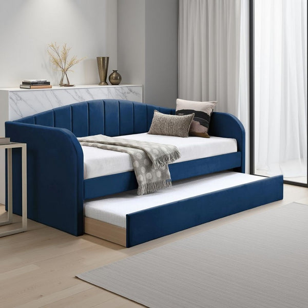 Keo Daybed with Pull Out Trundle, Channel Tufted Modern Blue Velvet - BM337318