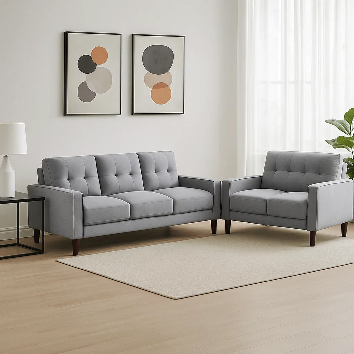Bow 2pc Sofa Set with Track Arms and Tapered Legs, Gray Grid Tufted Fabric